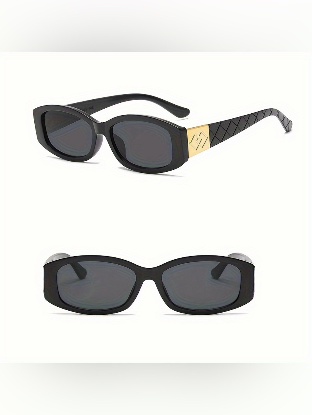 Vintage 90’s Style Rectangular Black Quilted Sunglasses w/ Gold at Temples